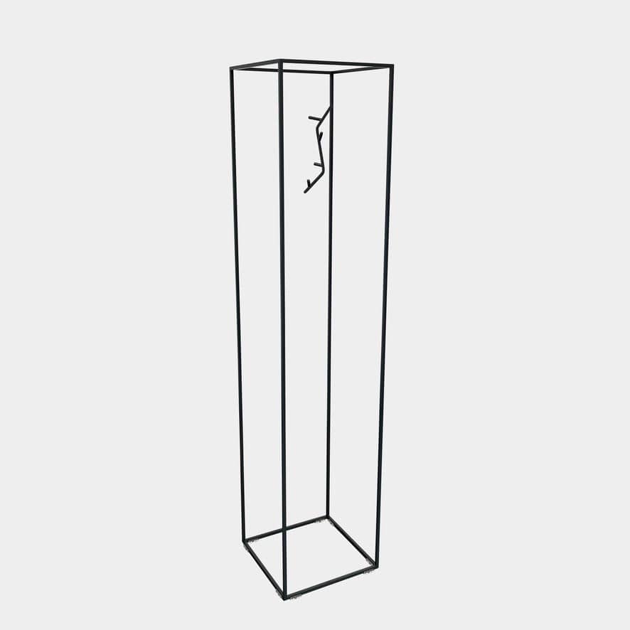 A tall, minimalist, black metal frame structure with an attached hook inside for hanging items, set against a plain white background is the Cappellini Koeda Coat Rack by Cappellini.