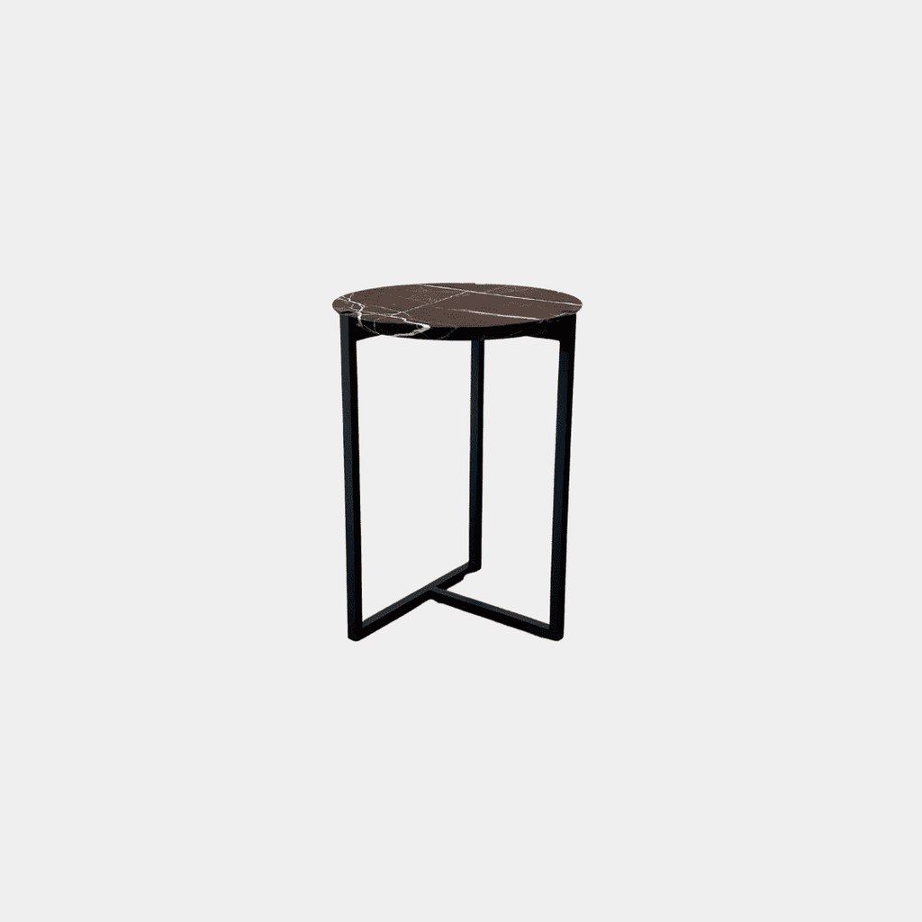 Introducing the Baxter Icaro Lepanto Marble Accent Table - Small, featuring a sophisticated Lepanto marble top and durable black metal legs, ideal for enhancing any interior setting with its elegance against a crisp white backdrop.