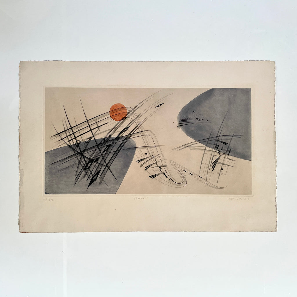 The "Prelude" Archival Print by Ferdinand Springer, available under the brand Ferdinand Springer, features intersecting black lines, a red-orange circle, and gray curved shapes on a light background, reminiscent of an original aquatint etching.