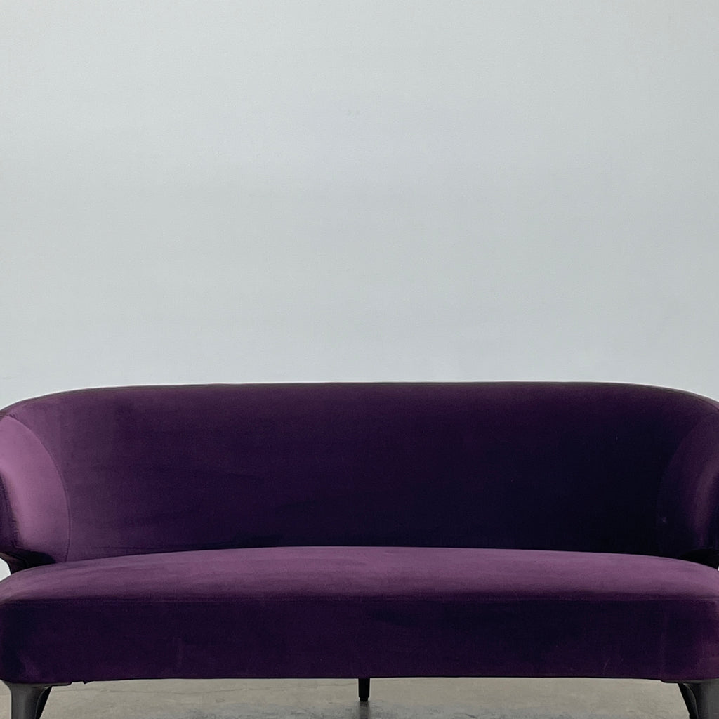 The Minotti Aston Sofa in aubergine velvet, featuring a stylish curved backrest and black legs, is elegantly displayed against a plain white background.