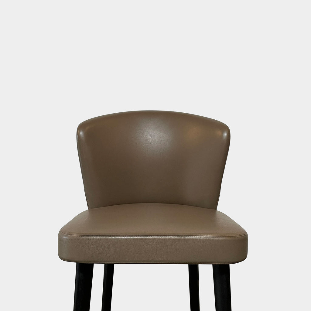 Two Minotti Aston Counter Stool Sets in Dark Taupe, featuring dark taupe leather cushioned seats and curved backs with black legs, are set against a plain white background.