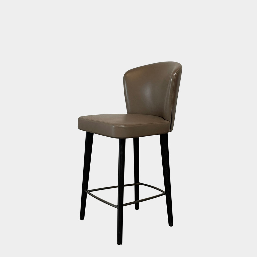 Two Minotti Aston Counter Stool Sets in Dark Taupe, featuring dark taupe leather cushioned seats and curved backs with black legs, are set against a plain white background.