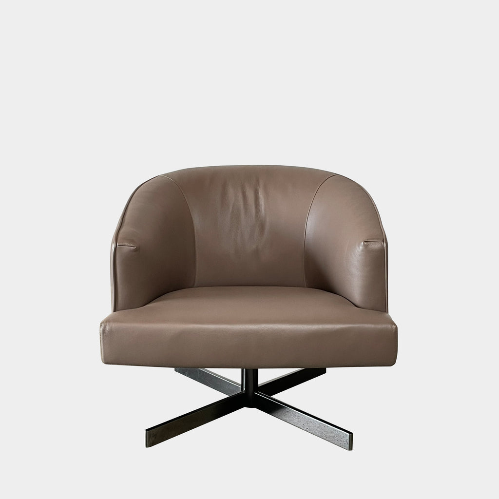 A Minotti Martin Brown Leather Swivel Chair with a cushioned seat and back, sitting on a sleek black chrome base, against a plain white background.