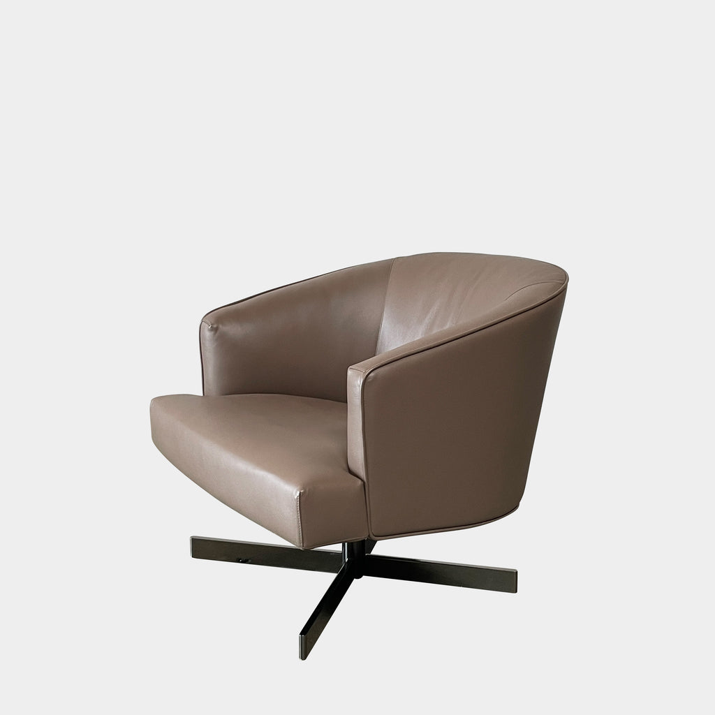 A Minotti Martin Brown Leather Swivel Chair with a cushioned seat and back, sitting on a sleek black chrome base, against a plain white background.