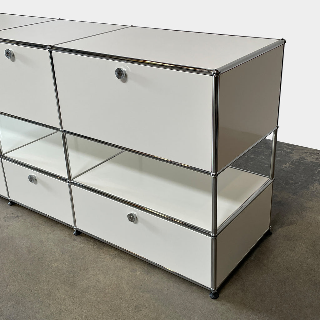 A USM Haller White Cabinet / Console with six compartments, featuring a minimalist design and a chromed steel frame, reminiscent of the USM Haller Office Cabinet.