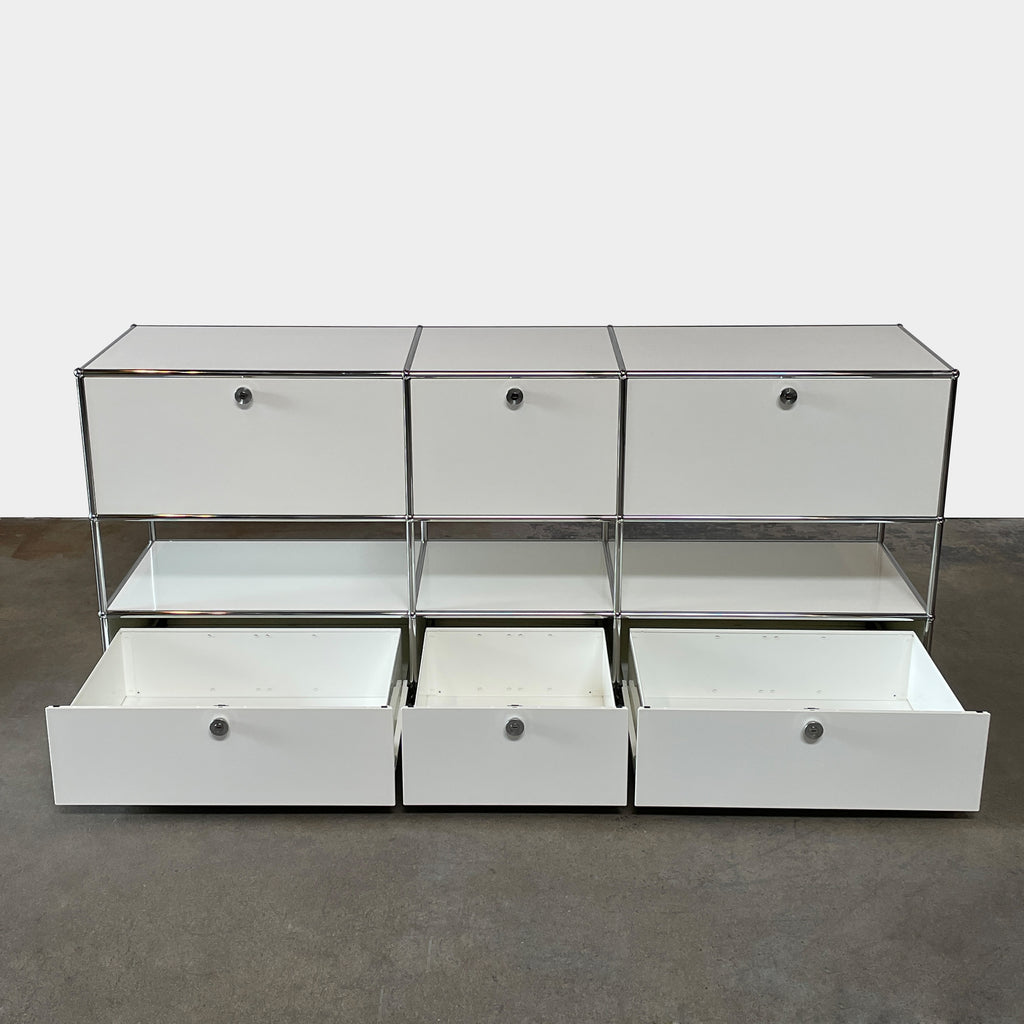 A USM Haller White Cabinet / Console with six compartments, featuring a minimalist design and a chromed steel frame, reminiscent of the USM Haller Office Cabinet.