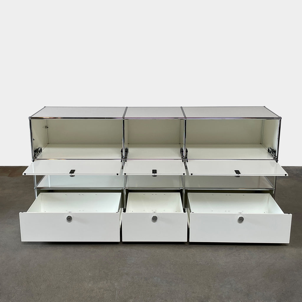 A USM Haller White Cabinet / Console with six compartments, featuring a minimalist design and a chromed steel frame, reminiscent of the USM Haller Office Cabinet.