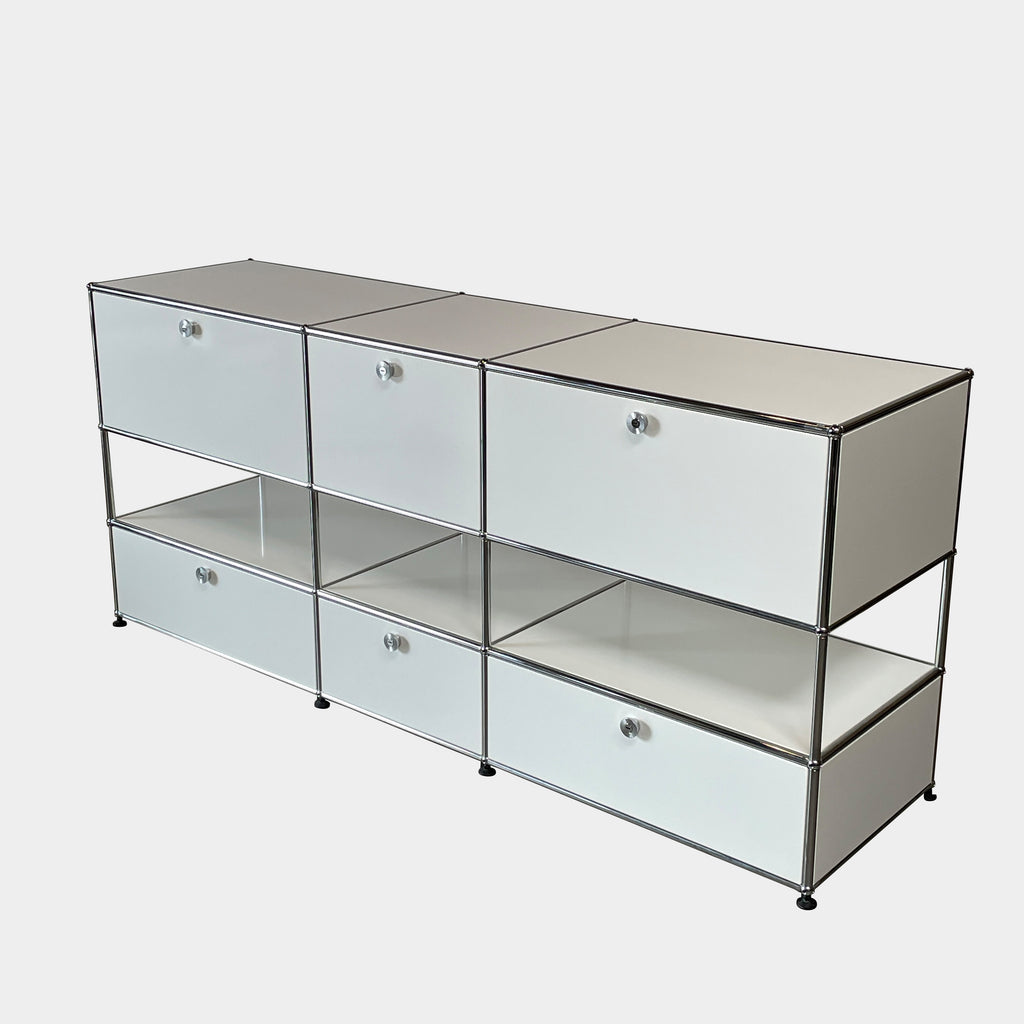 A USM Haller White Cabinet / Console with six compartments, featuring a minimalist design and a chromed steel frame, reminiscent of the USM Haller Office Cabinet.