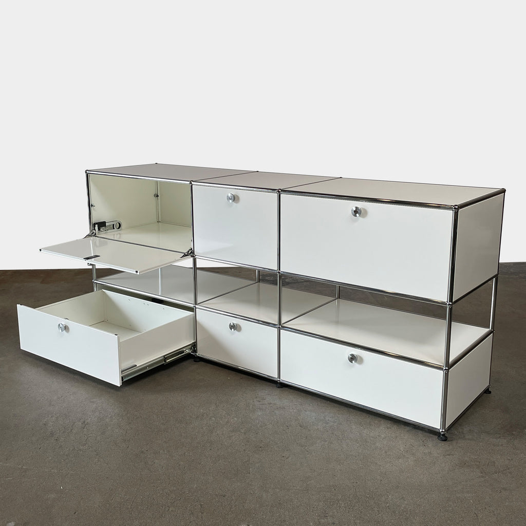 A USM Haller White Cabinet / Console with six compartments, featuring a minimalist design and a chromed steel frame, reminiscent of the USM Haller Office Cabinet.