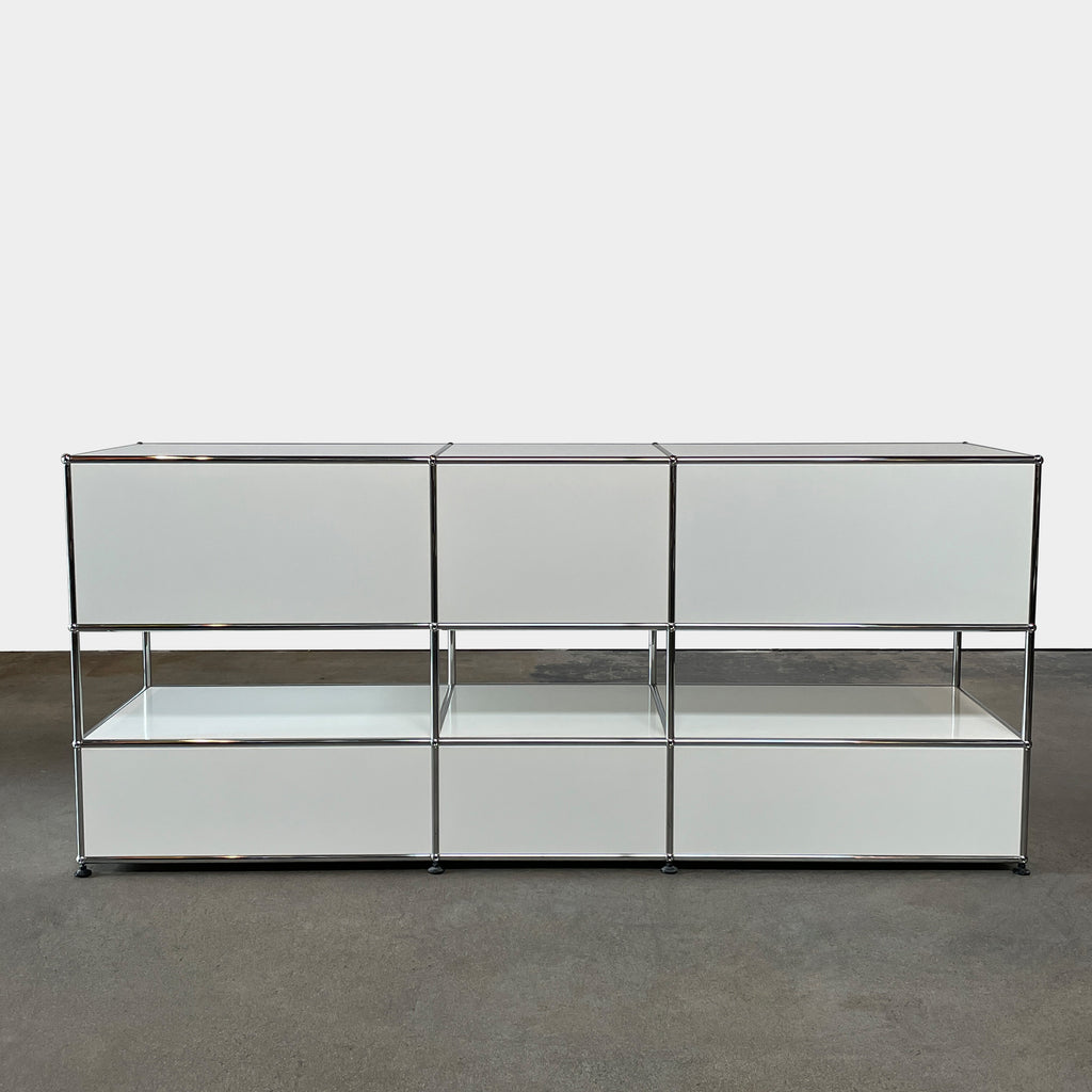 A USM Haller White Cabinet / Console with six compartments, featuring a minimalist design and a chromed steel frame, reminiscent of the USM Haller Office Cabinet.