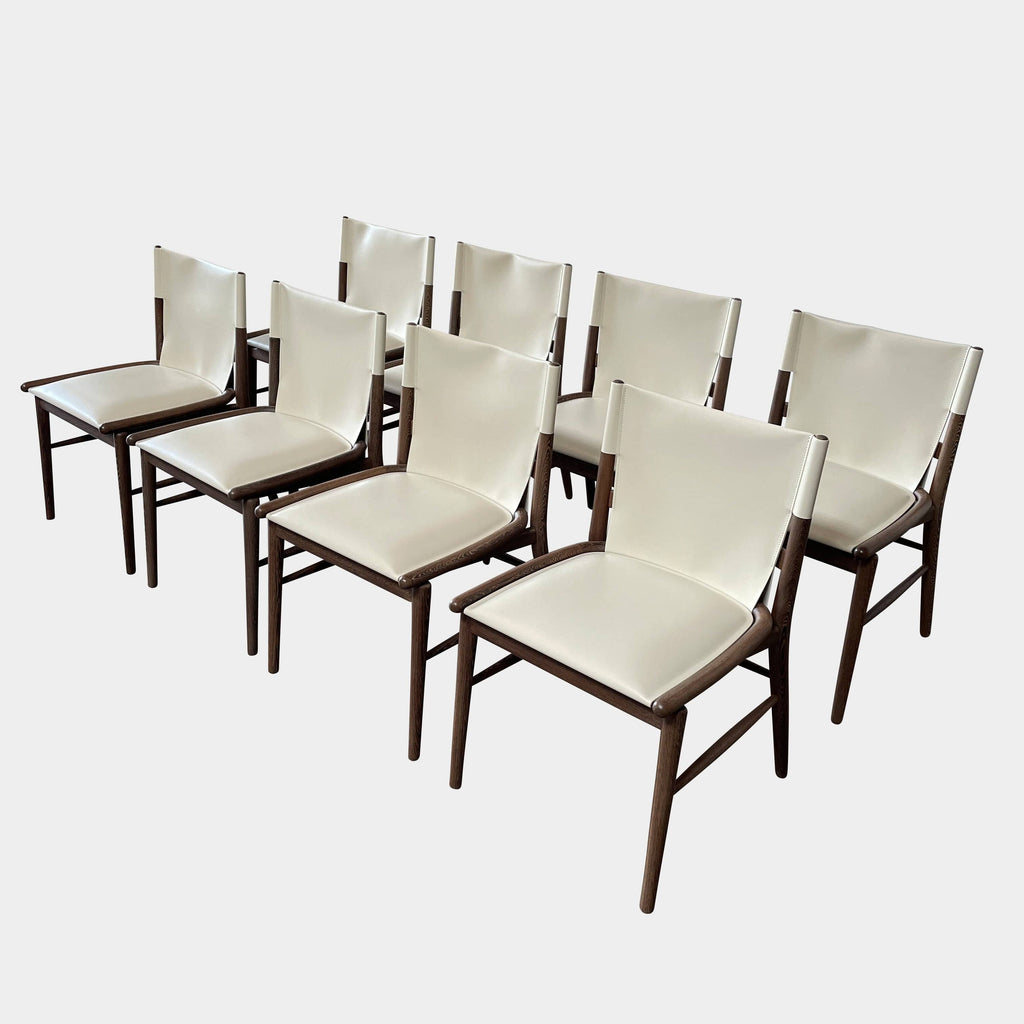 A B&B Italia Jens Dining Chair Set by B&B Italia is arranged in two rows against a plain background, featuring white cushions and wooden frames.