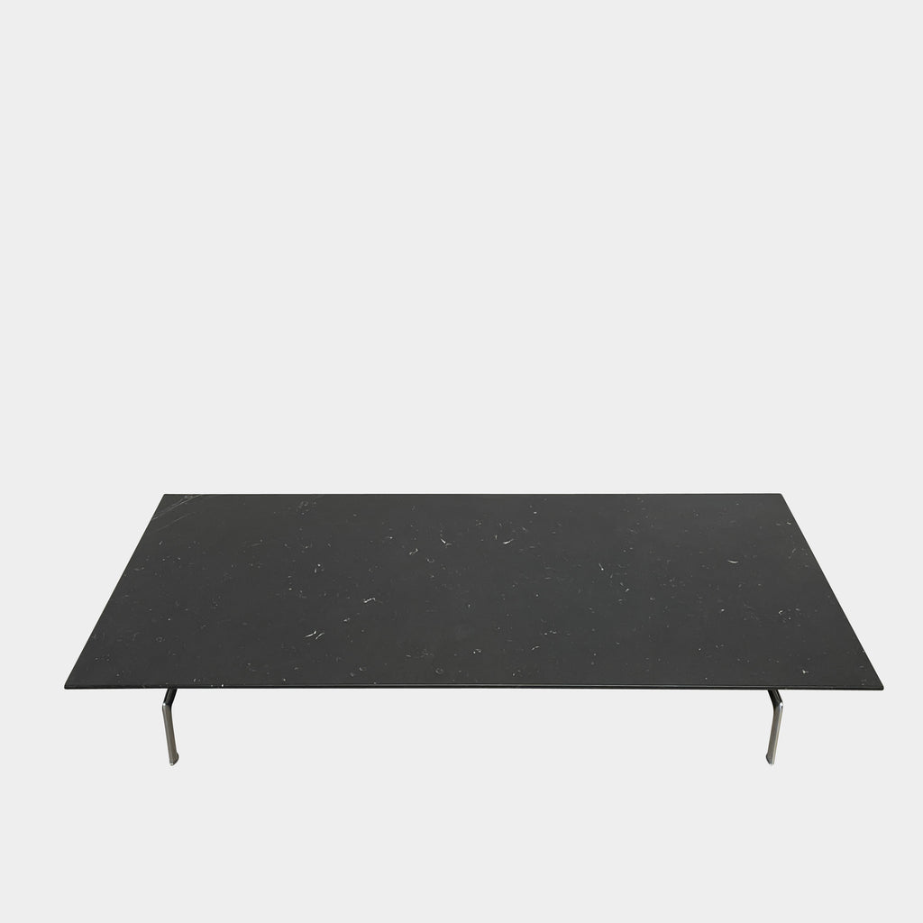 A minimalist rectangular black B&B Italia Diesis Coffee Table with metal legs, viewed directly from above, exudes timeless beauty against a plain white background.