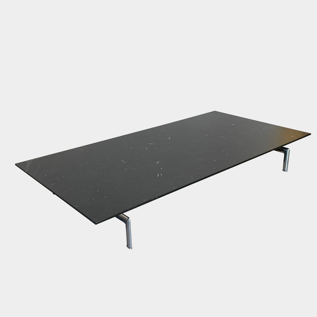 A minimalist rectangular black B&B Italia Diesis Coffee Table with metal legs, viewed directly from above, exudes timeless beauty against a plain white background.