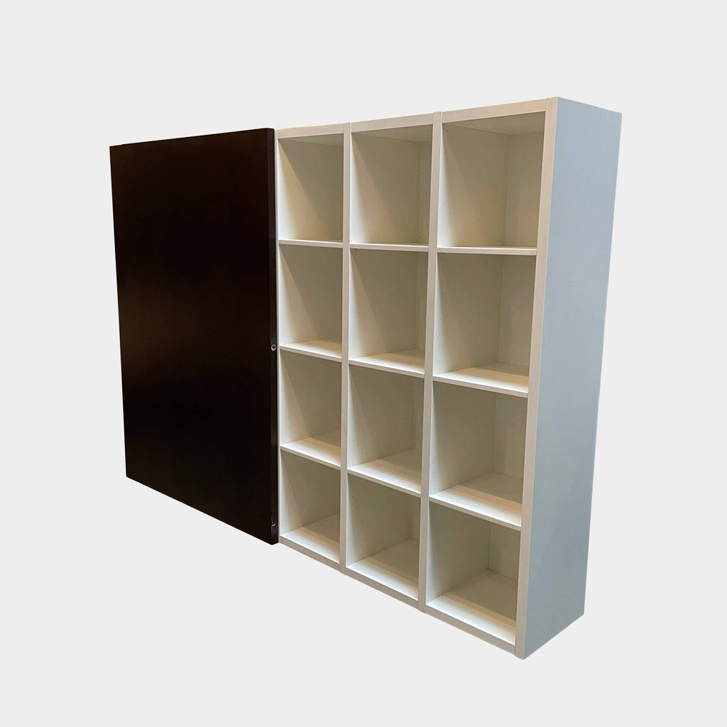 Large Bookcase with Sliding Door (Hold) featuring nine cubby holes and one open section with a dark brown sliding door made of wenge wood.