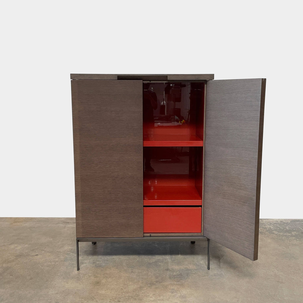 A Maxalto Mida High Cabinet featuring a brown wooden finish, two doors, and black metal legs stands elegantly against a white background.