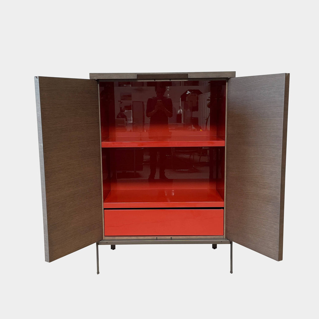 A Maxalto Mida High Cabinet featuring a brown wooden finish, two doors, and black metal legs stands elegantly against a white background.