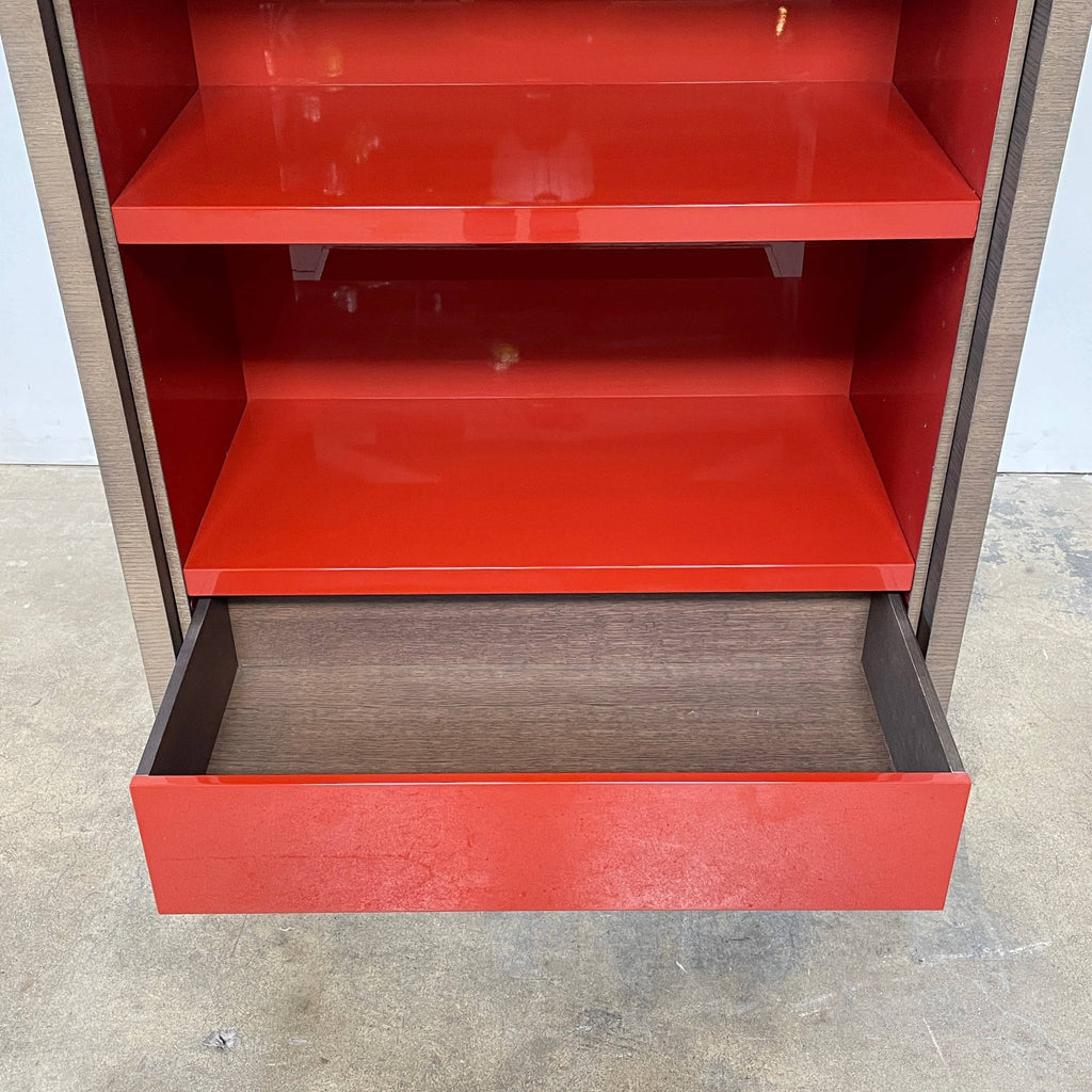 A Maxalto Mida High Cabinet featuring a brown wooden finish, two doors, and black metal legs stands elegantly against a white background.