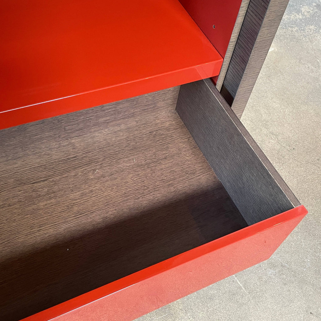 A Maxalto Mida High Cabinet featuring a brown wooden finish, two doors, and black metal legs stands elegantly against a white background.