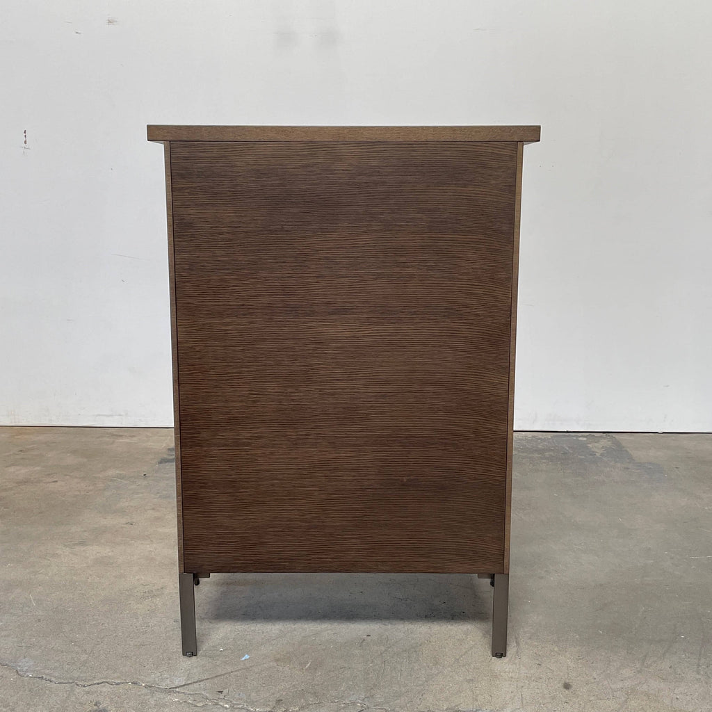 A Maxalto Mida High Cabinet featuring a brown wooden finish, two doors, and black metal legs stands elegantly against a white background.