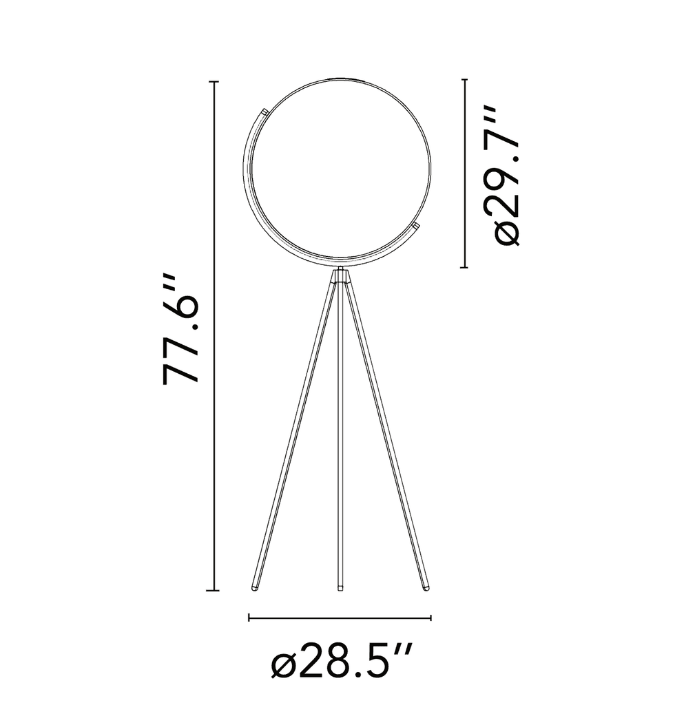 A large circular mirror set in a black metal frame on a tripod stand, isolated against a white background, exudes sophistication akin to the Flos Superloon Floor Light by Flos, providing broad and diffused light that can be dimmed for any ambiance.